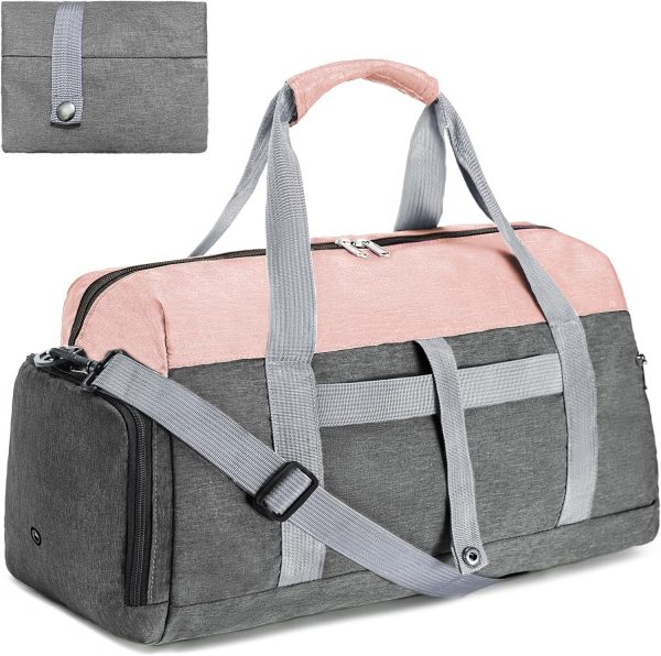 Gym Bags for Women Men with Wet & Shoe Compartment, 40L Foldable Travel Duffle Bag, Lightweight  Overnight Duffel Bag for Traveling Sports Gym(Pink)